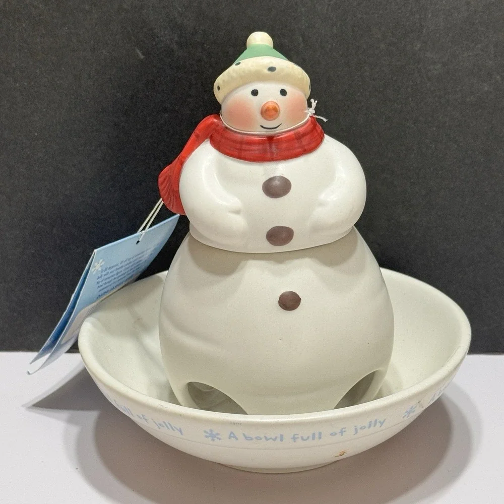 New Hallmark Ceramic Snowman Candy Dispense 2 Pc Bowl Jolly Christmas Gift 7